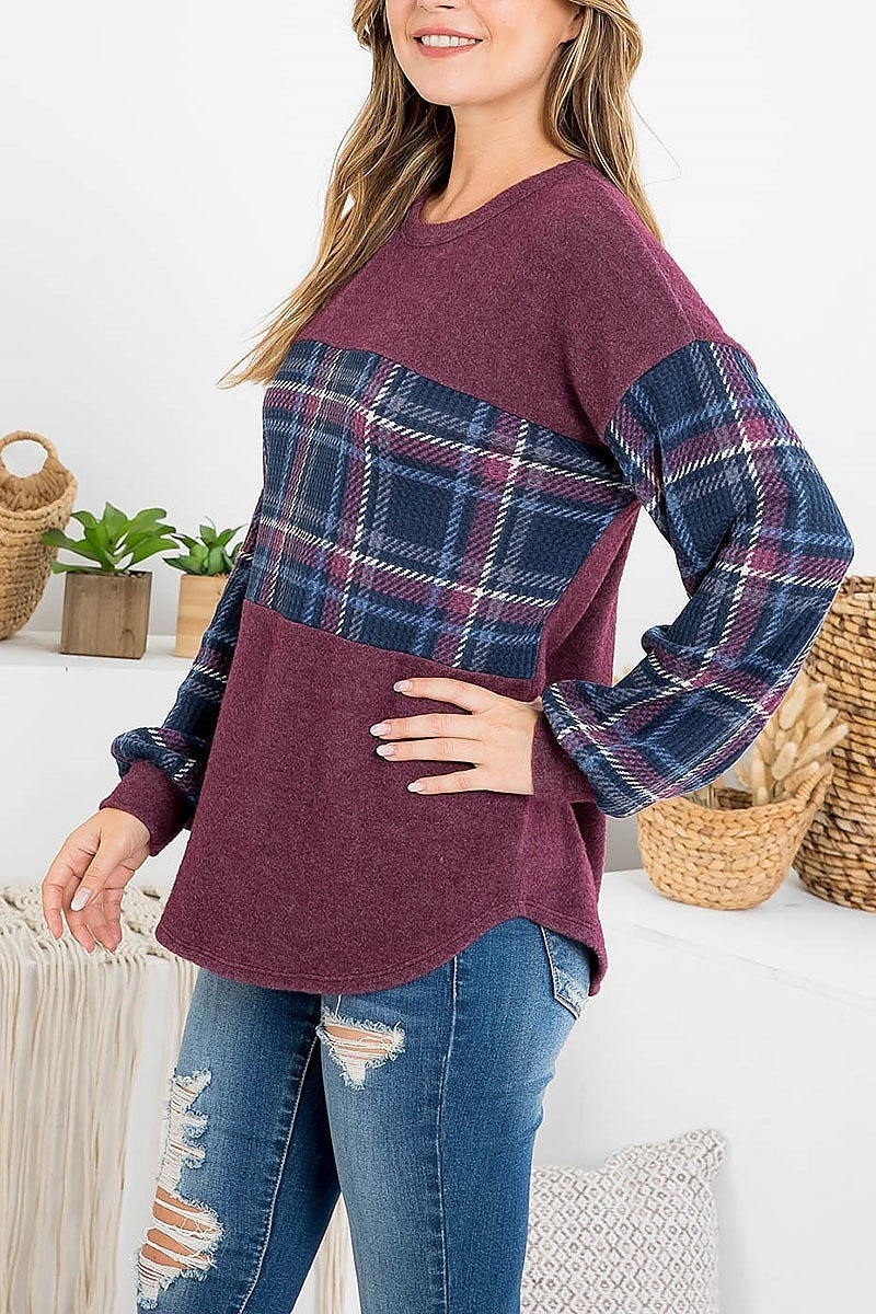 Plaid waffle contrast cashmere long sleeve top (EF2755)