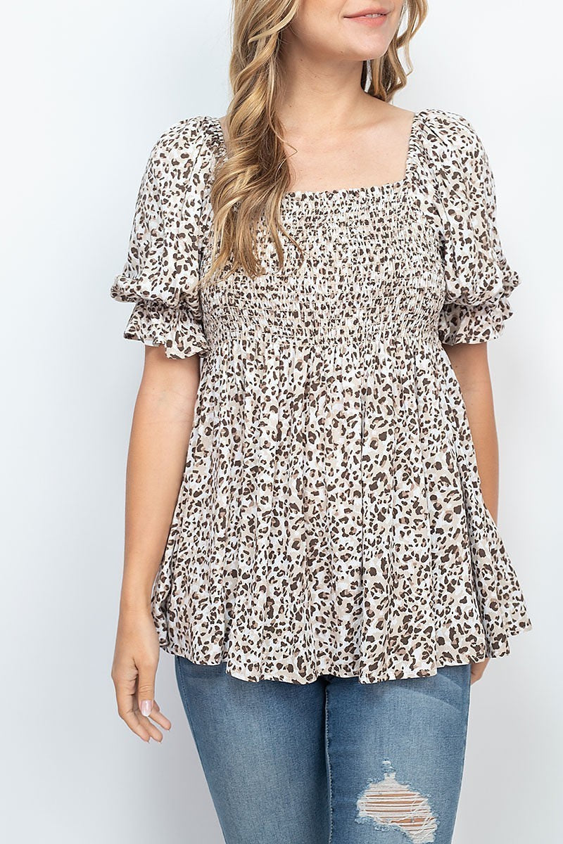 Square neckline puff sleeve smoked leopard top (EF5579)