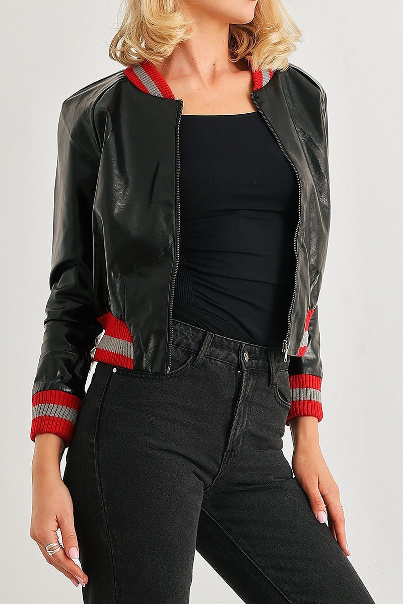 Ribbed vegan leather bomber jacket (TEDT2079)