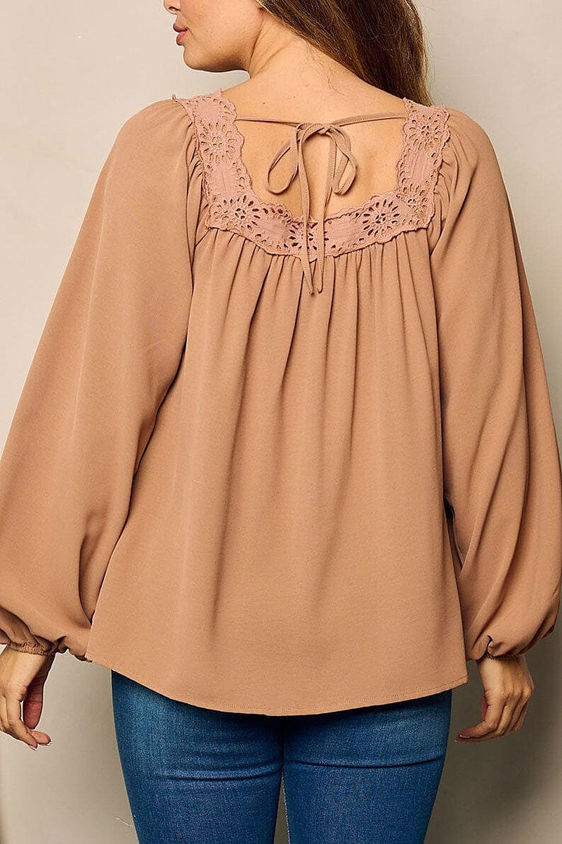 Ballon sleeve eyelet deyailed tunic blouse top (EFWT4815)