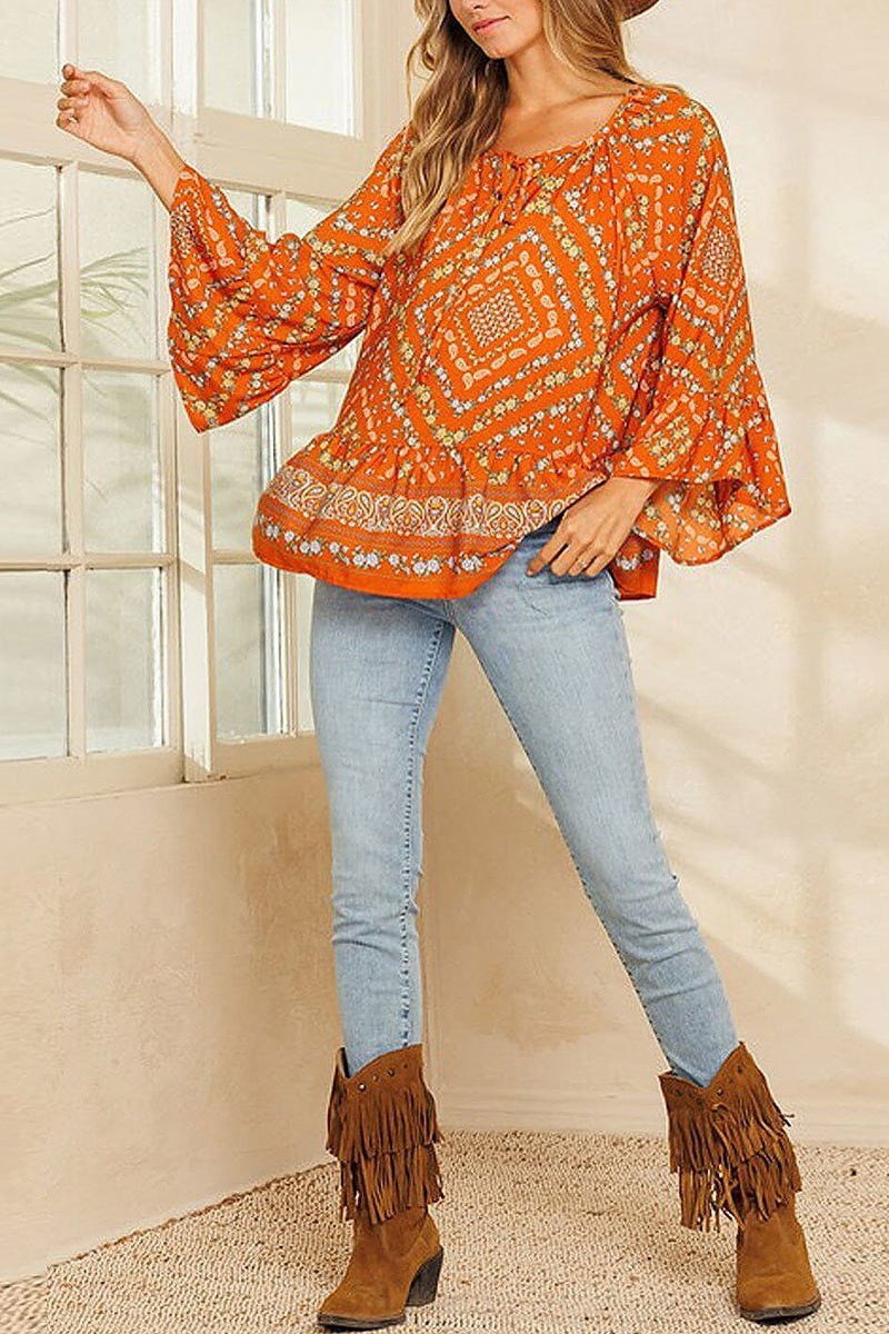 Long sleeve ruffle tunic multi print top (EDWT8502)