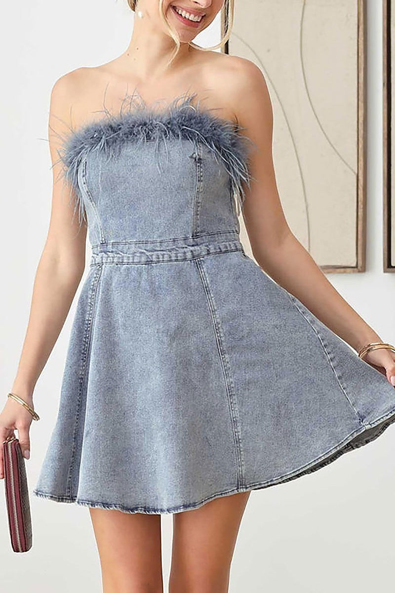 Strapless feather trim denim mini dress (TED2607)