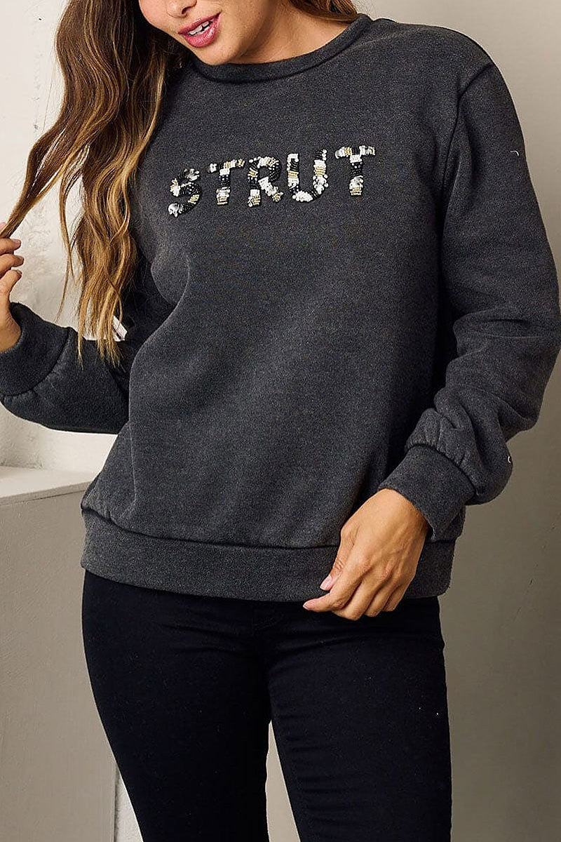 Long sleeve graphic studs detailed knit sweater (EFWT3513)