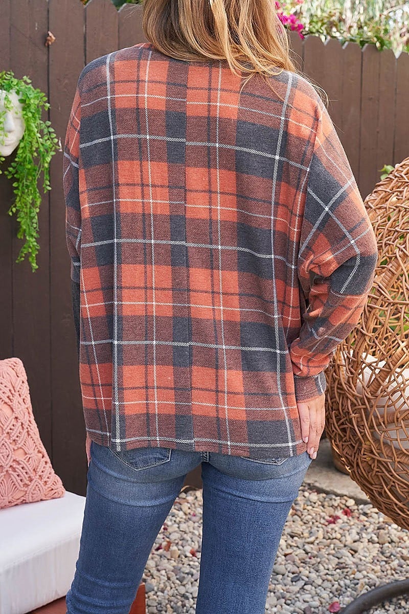 Dolman sleeve vertical detail plaid top (EF2394)