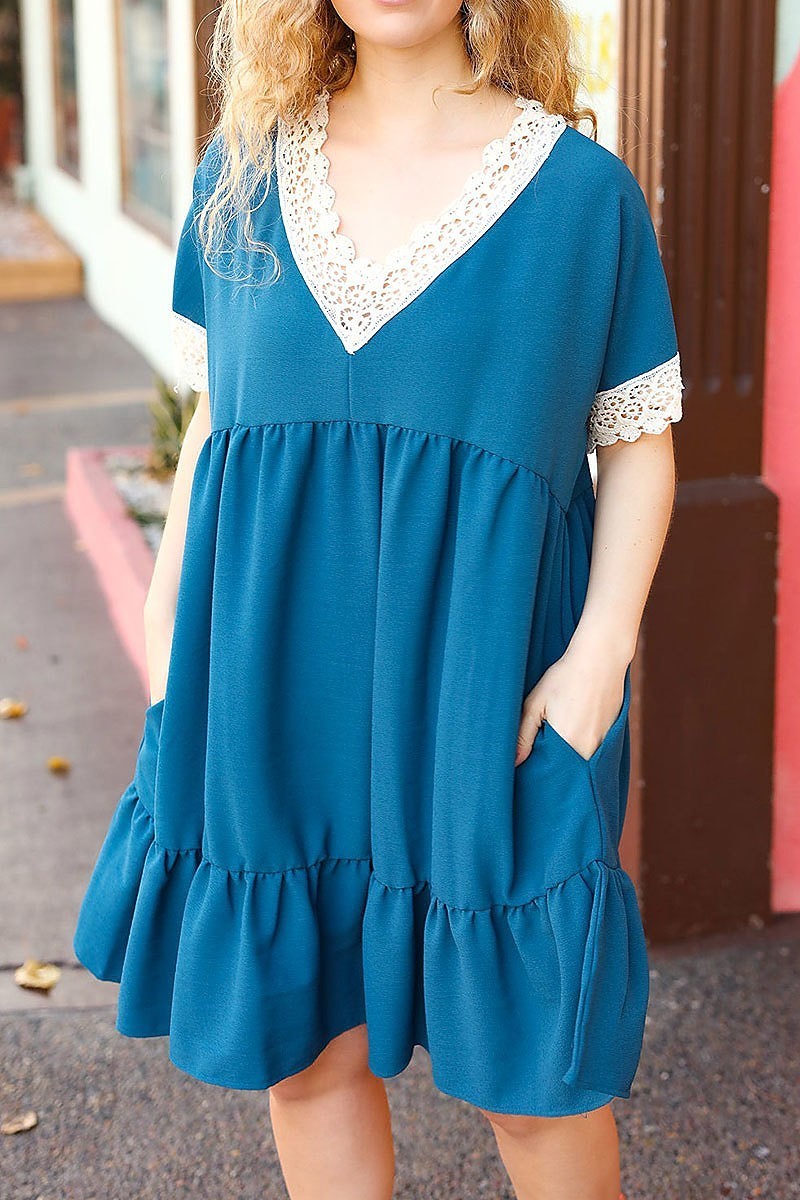 Crochet lace short sleeve crepe pocketed dress (ETBM4579)