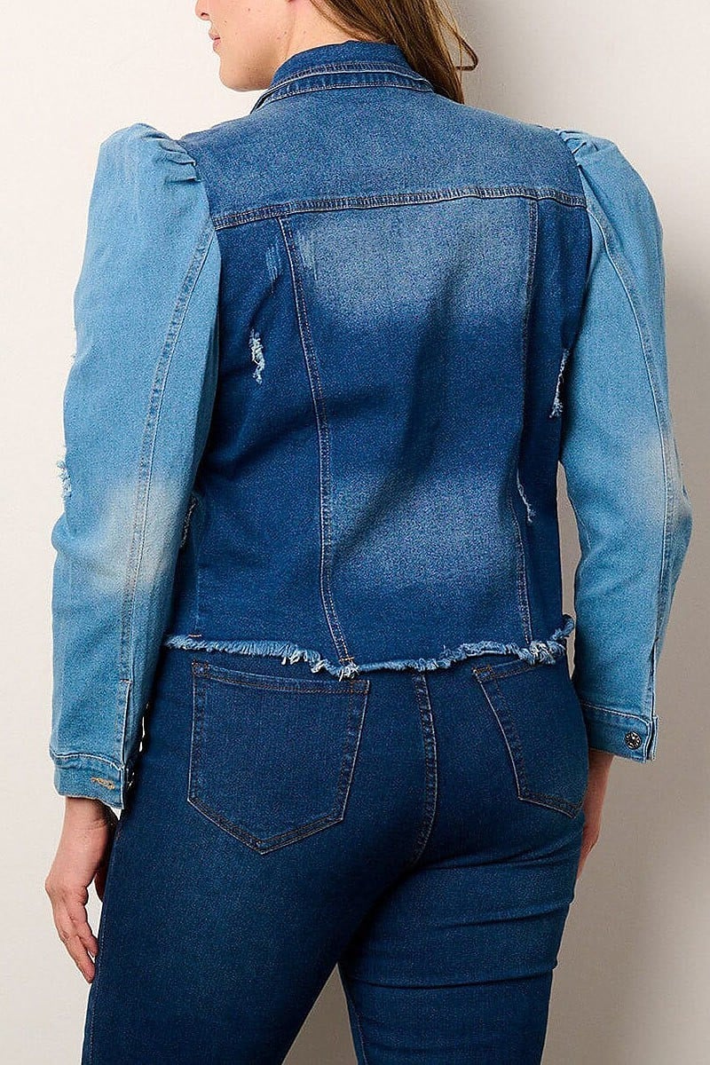 Puff sleeve button closure colorblock denim jacket (EFWT9043)