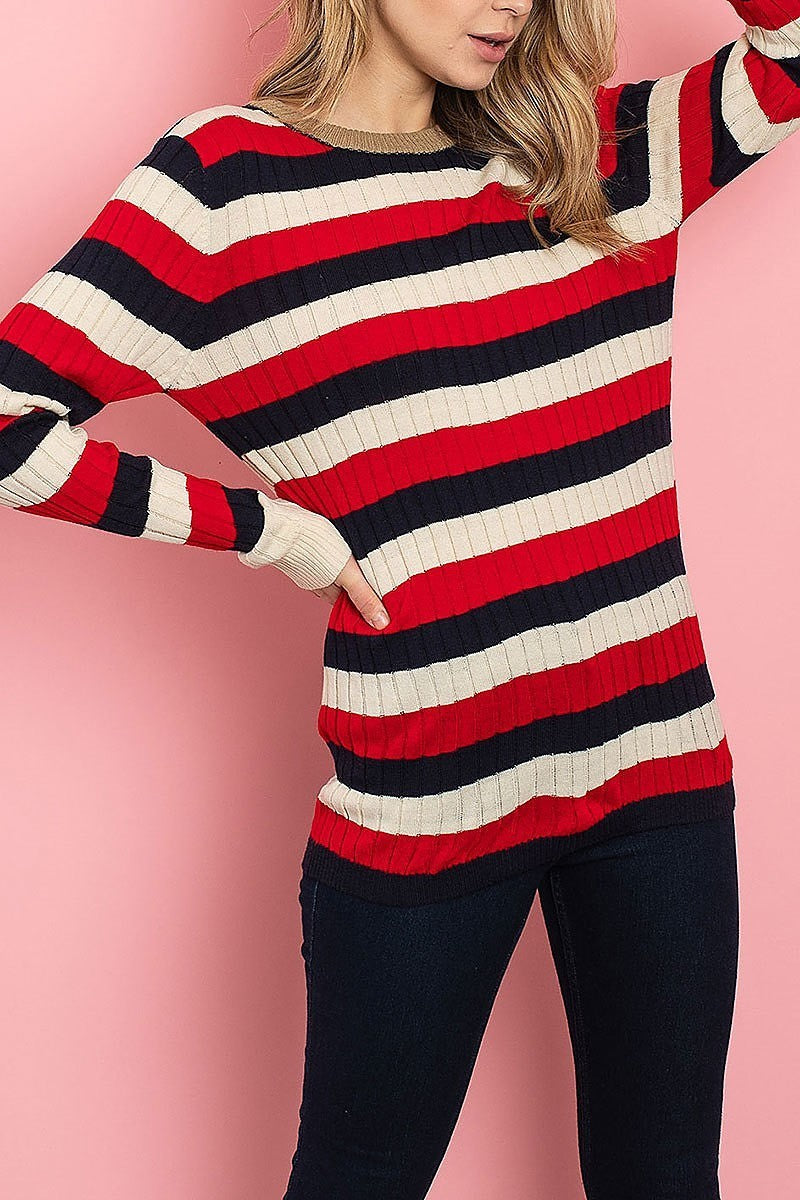 Round neck ribbed knit stripe top (ED7912)