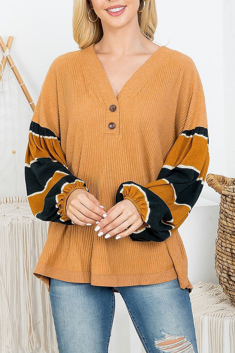 Stripe bubble sleeve color block top (EF4402)