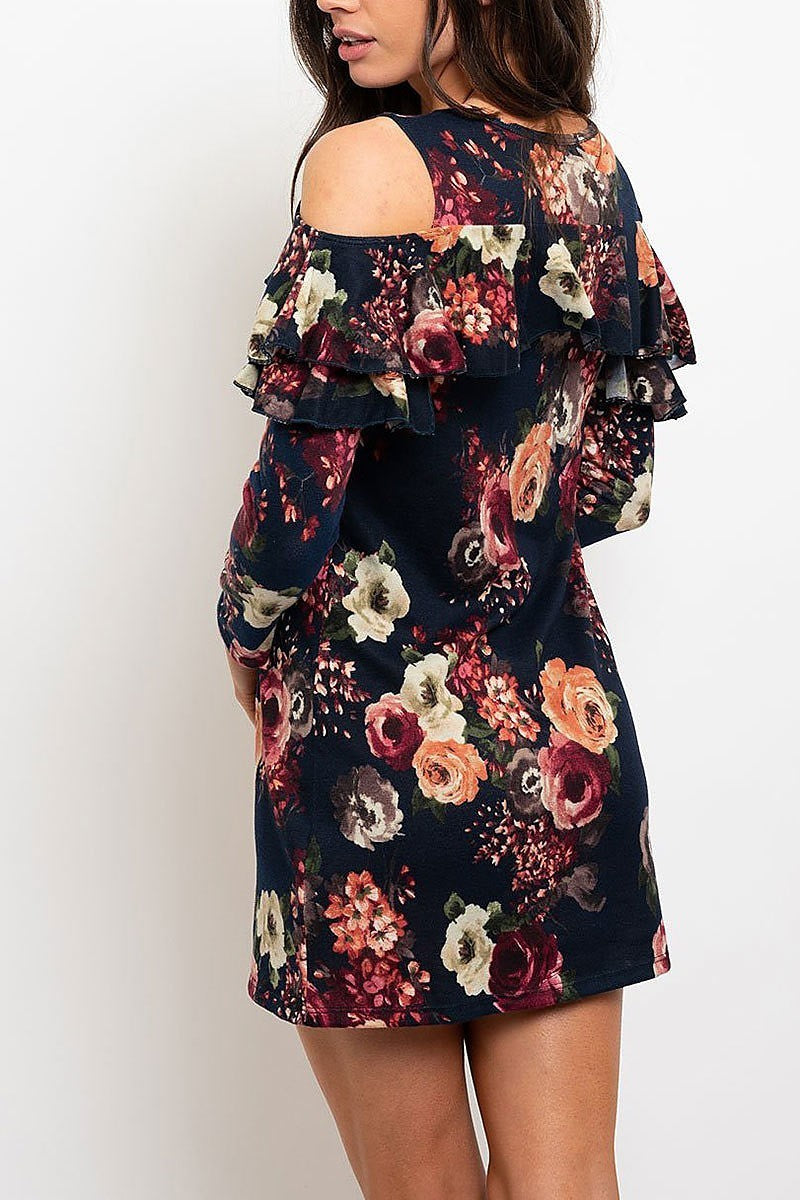 Cold shoulder floral knit mini dress (EDWT2237)