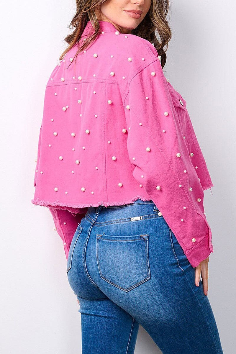 Button closure pearl detailed denim jacket (EFWT7596)