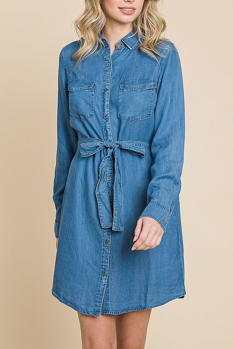 Chambray button-down collared dress with waist tie (EDH1633)