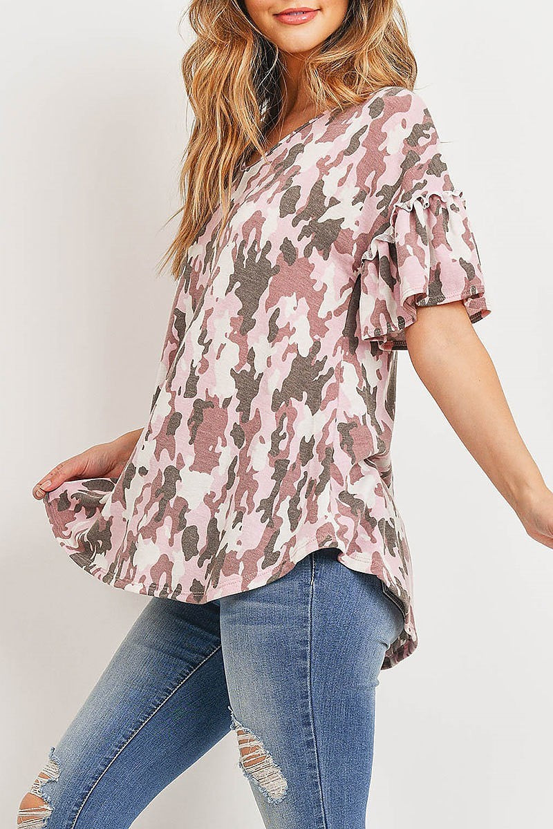 Camo print ruffle sleeve top (ED8929)