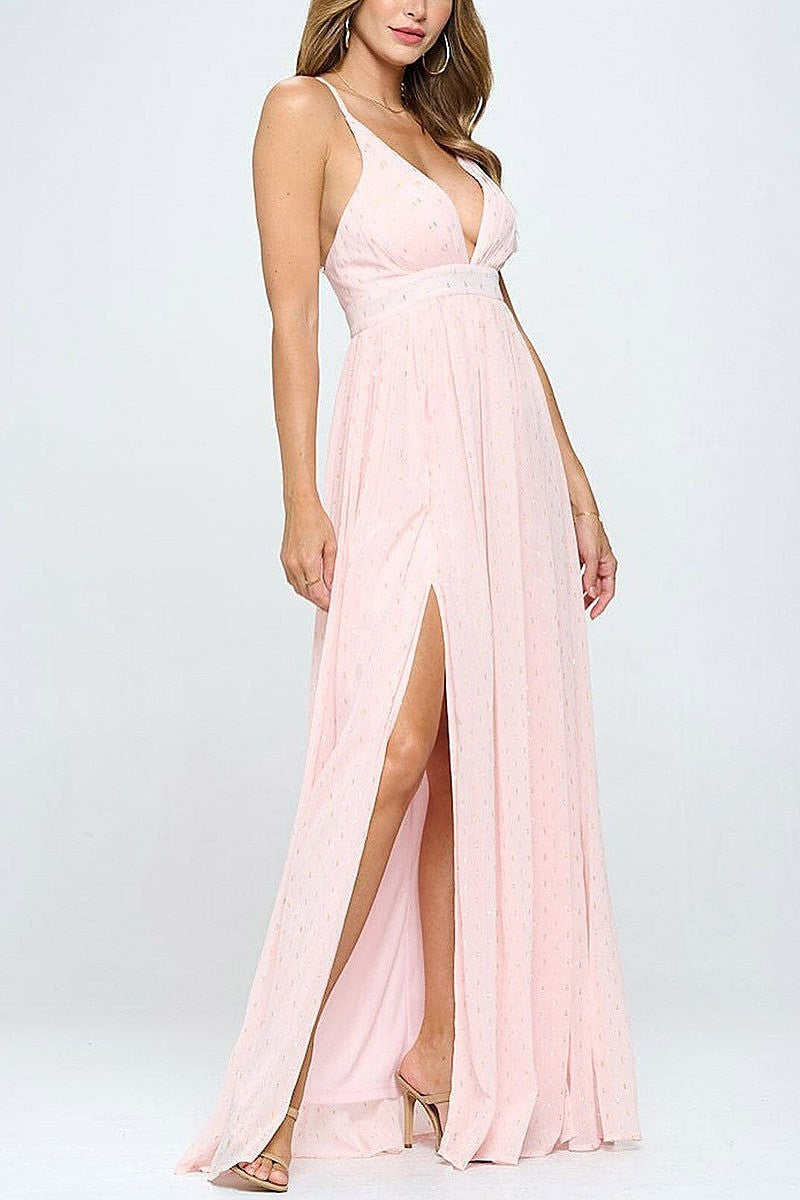 Sleeveless v-neck front slit shimmer maxi dress (EFWT7665)