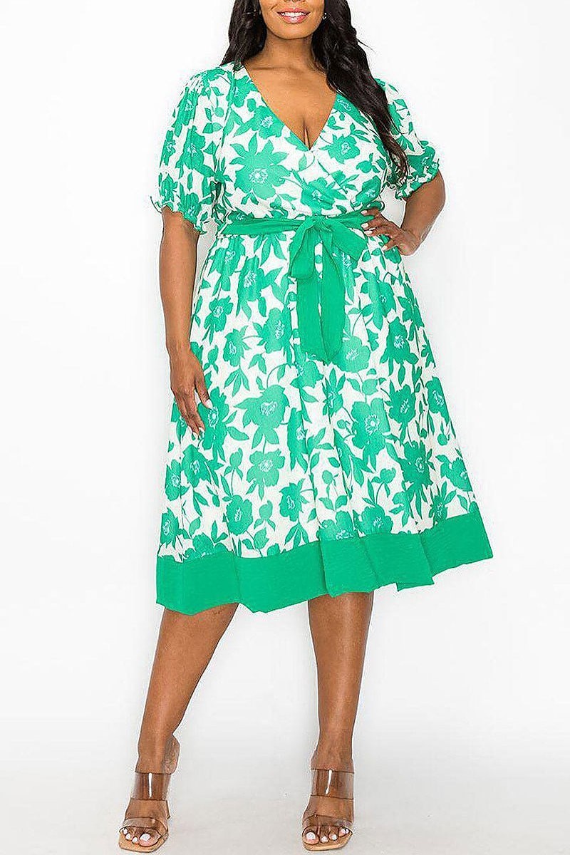 Short sleeve surplice self tie floral midi dress (EFWT8227)