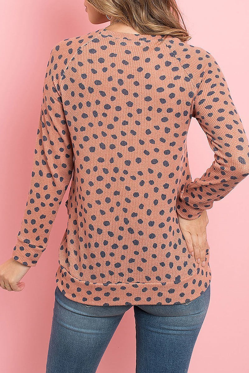 Animal print rib detail long sleeved pocket top (ED8543)