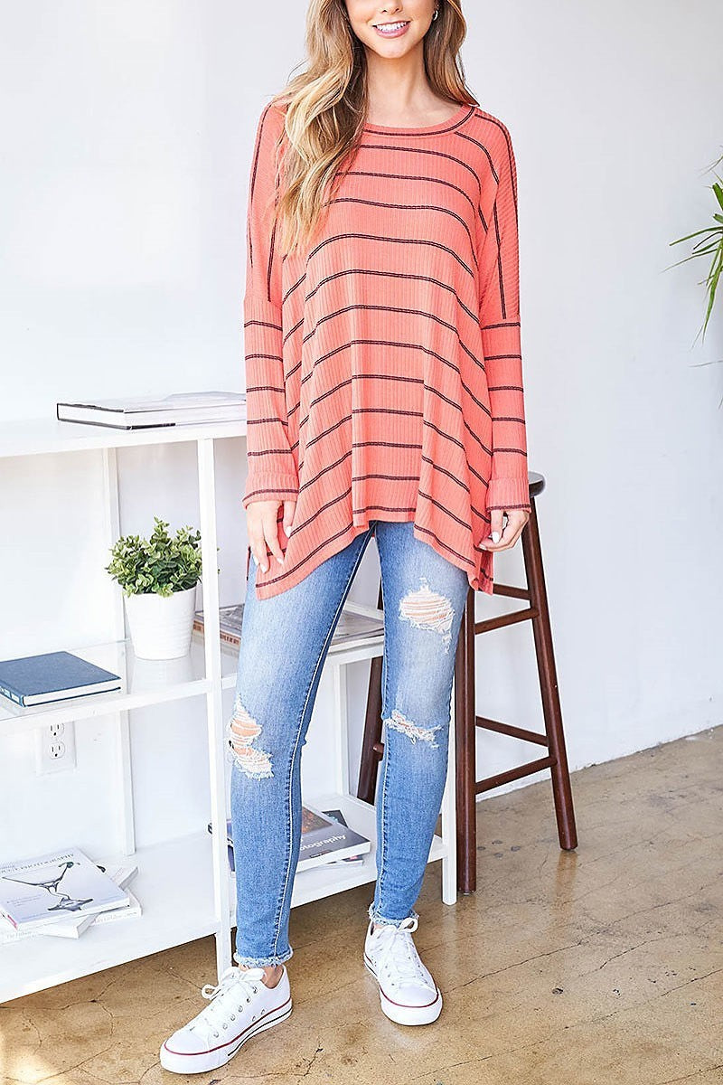 Boat neck stripe loose fit tunic top (EF2796)