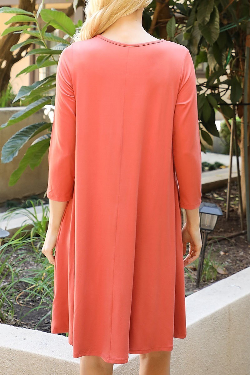 Solid quarter sleeve round neck dress (DED8892-1)