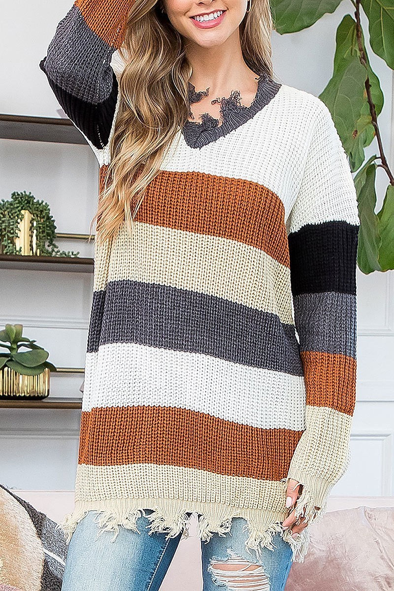 Color block distressed detail v neck sweater (DGS5783)