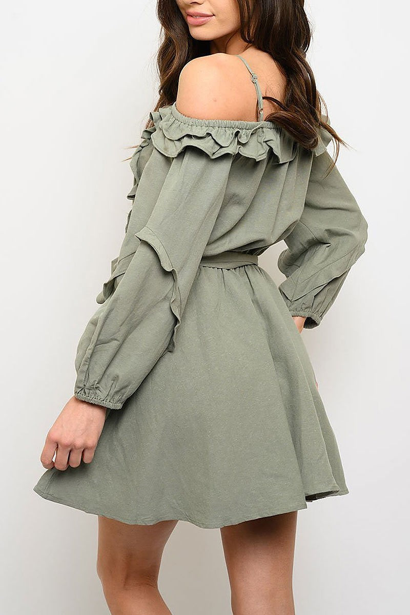 Long sleeve off shoulder self tie mini dress (EDWT3688)