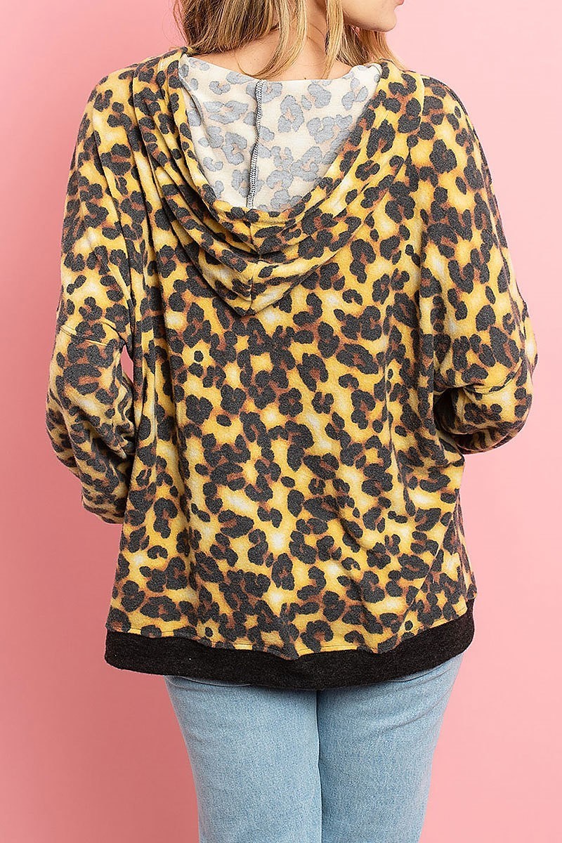 Animal print color block loose fit hoodie top (ED8151)