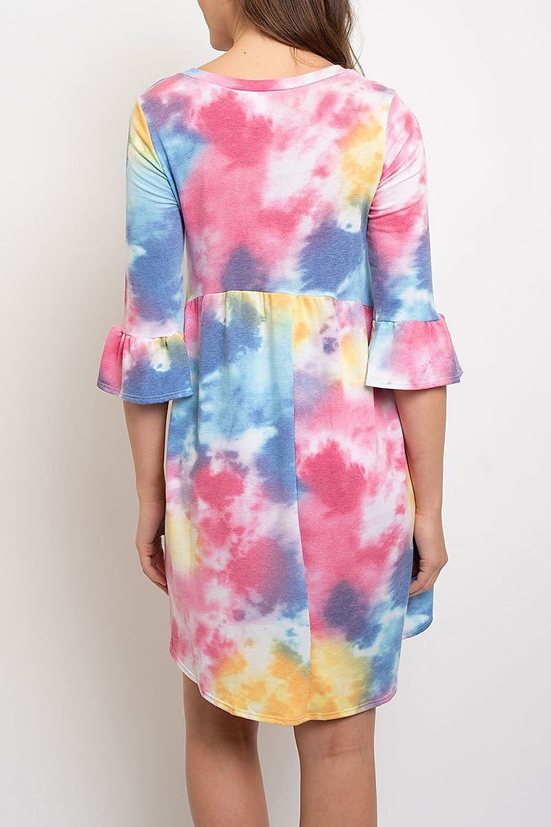 Tie dye ruffle sleeves tunic dress (EDWT2088)