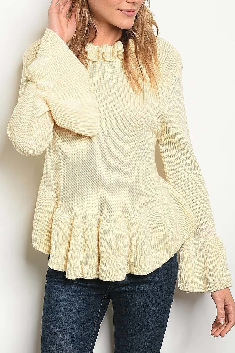 Long bell sleeve ruffled knit peplum sweater (DGS2567-1)