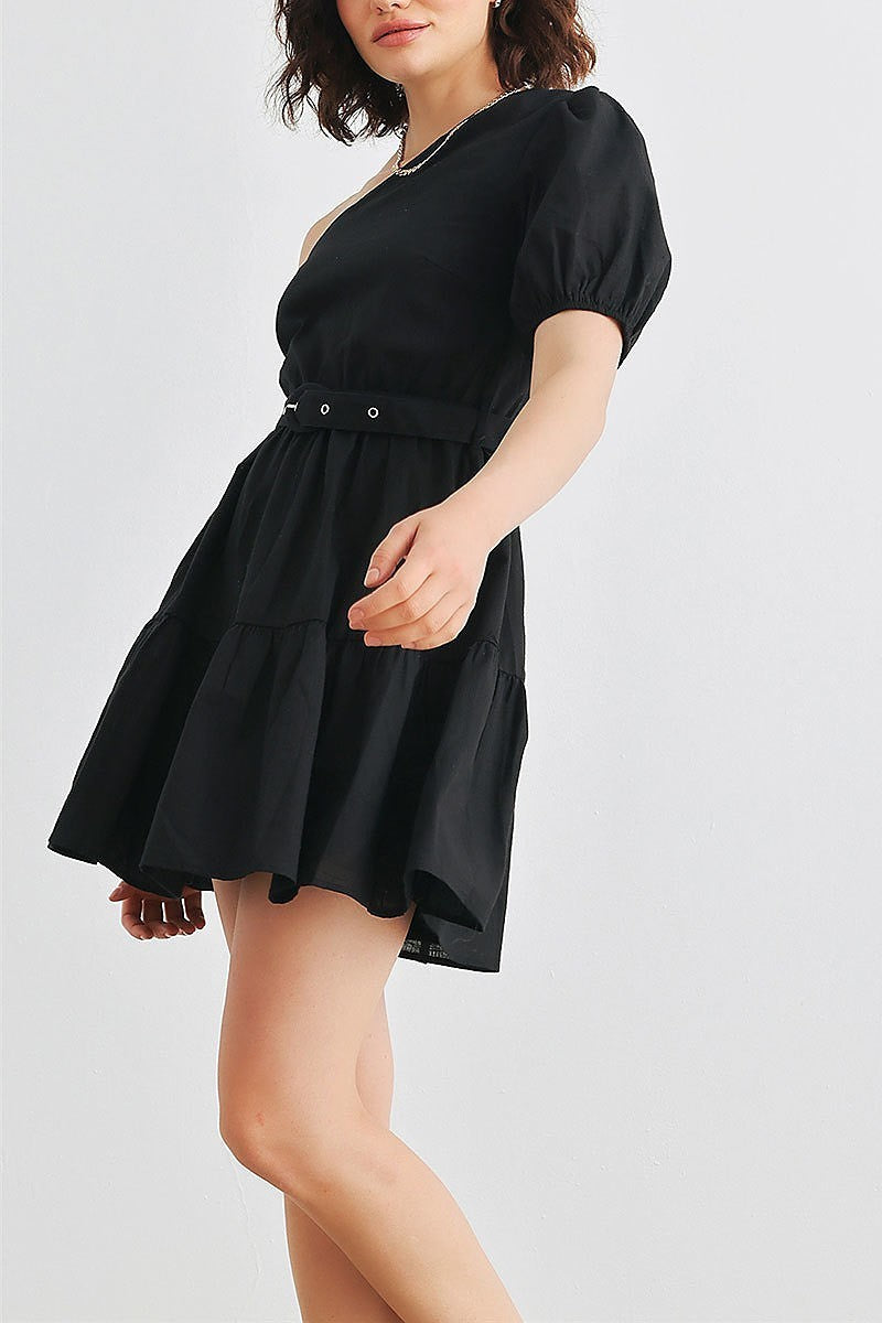 Cotton one shoulder belted mini dress (TED1941)