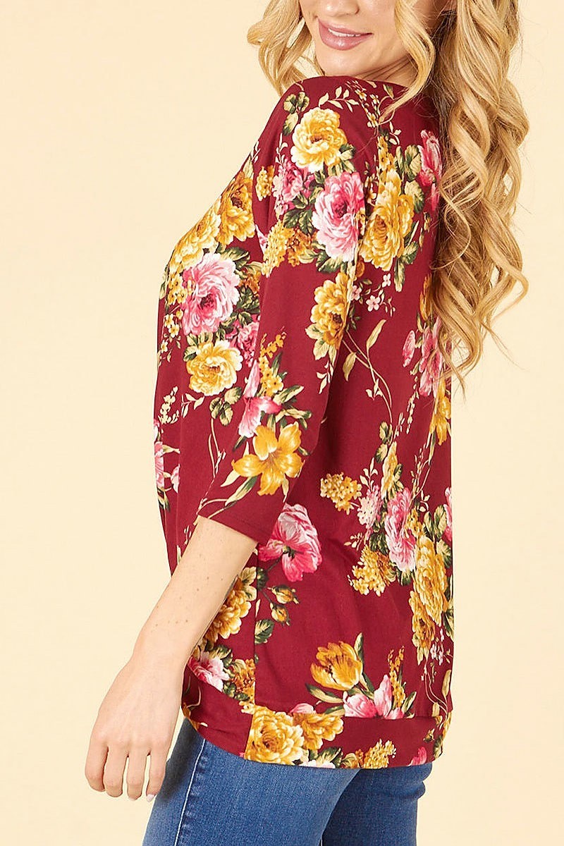 V neck quarter sleeve floral twisted hem top (EF4971)