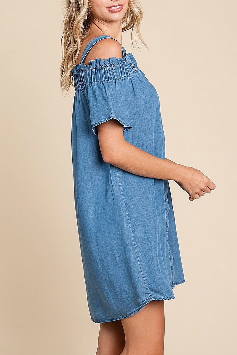 Chambray button-down cold-shoulder mini dress (EDH1624)