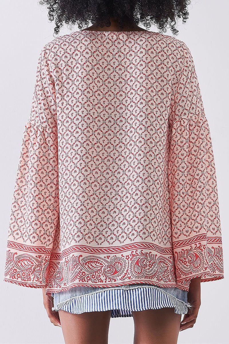 Paisley border print bell sleeve top (TDG8173)