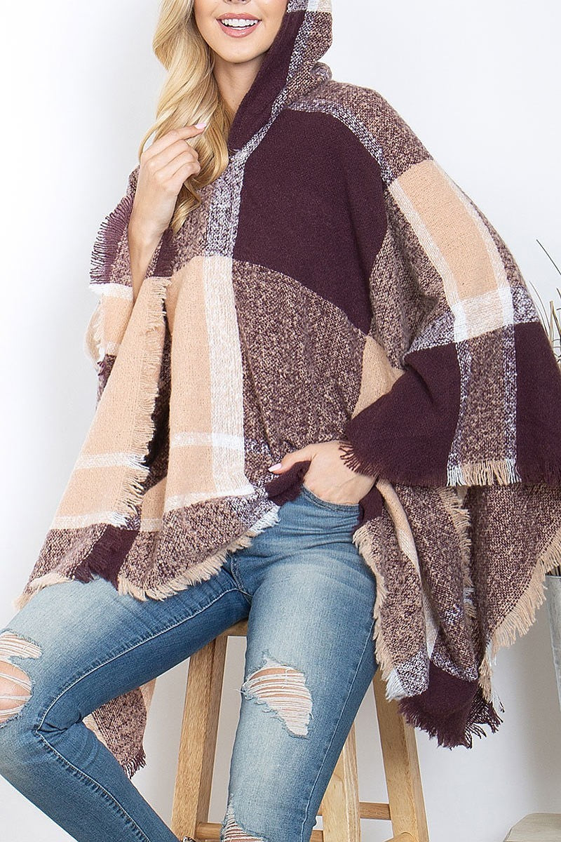 Multicolor warmer knitted hooded poncho (DGS5892)