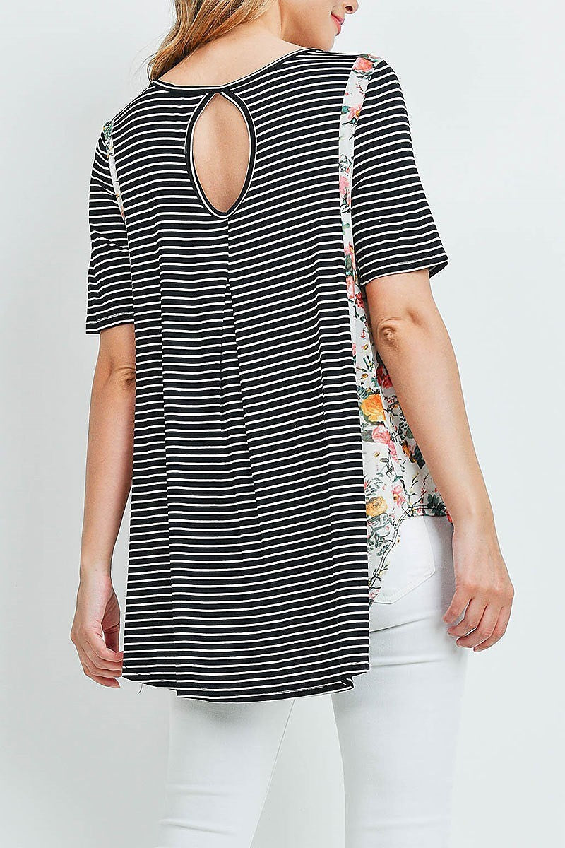 Floral print stripe color block top (ED9833)