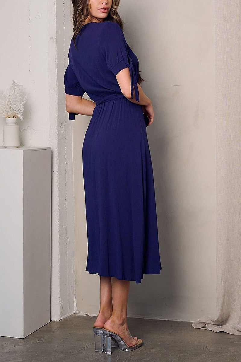 Short sleeve surplice self tie midi dress (EFWT2799)