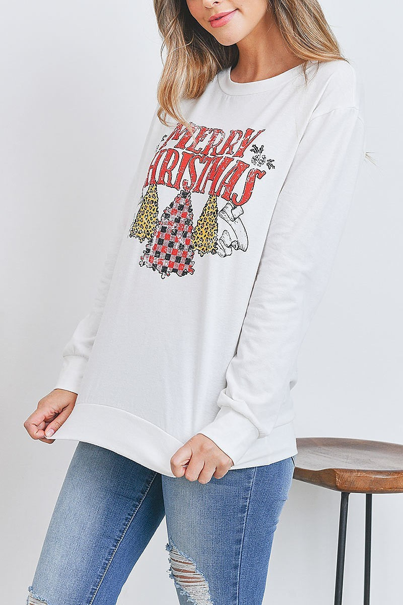 Merry christmas print long sleeve pullover top (EF2749)