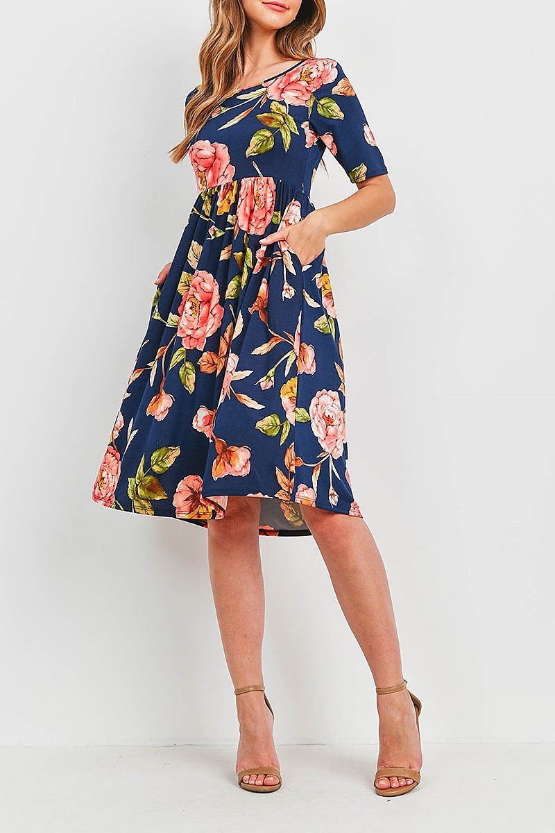 Empire waist floral print side pocket midi dress (DED6358)