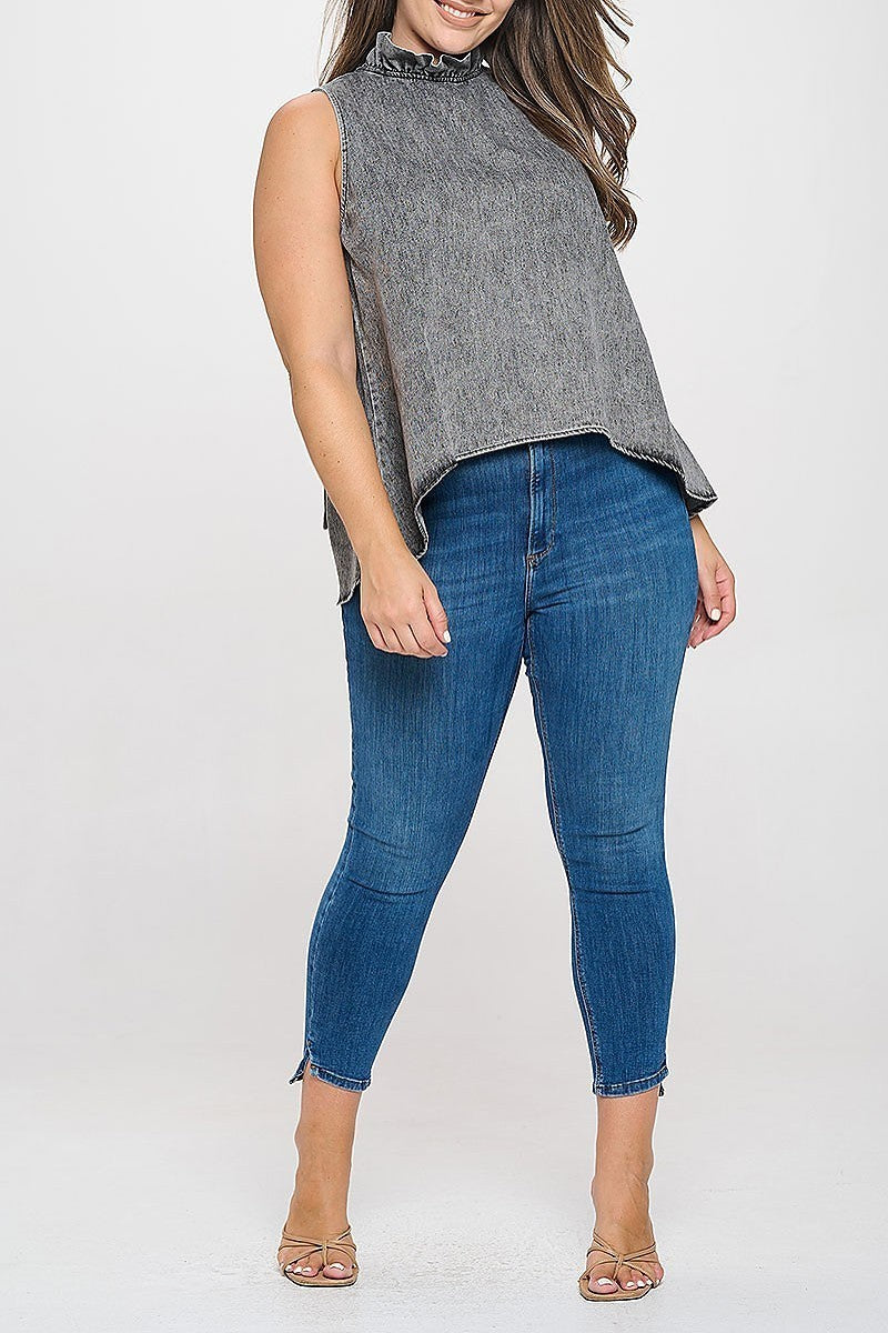 Plus size sleeveless ruffle neck denim top (XDG8260)