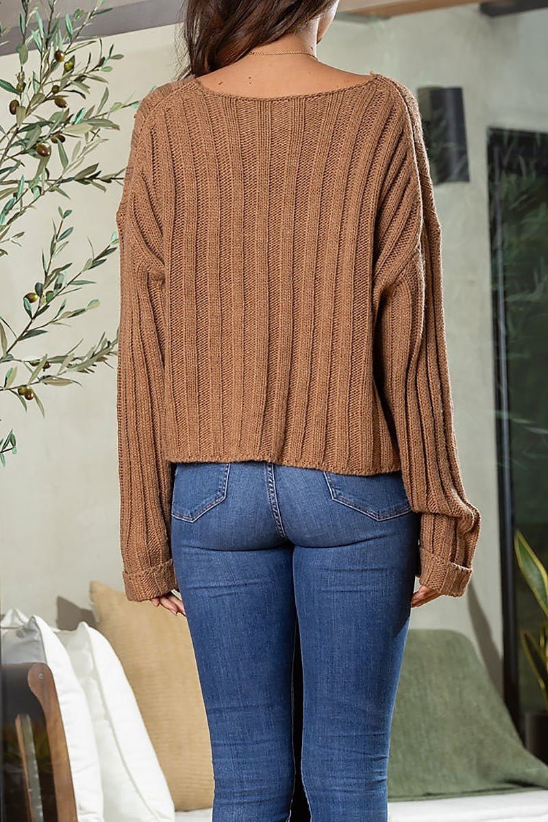 V-neck long sleeves crop top sweater (EDSW3821)