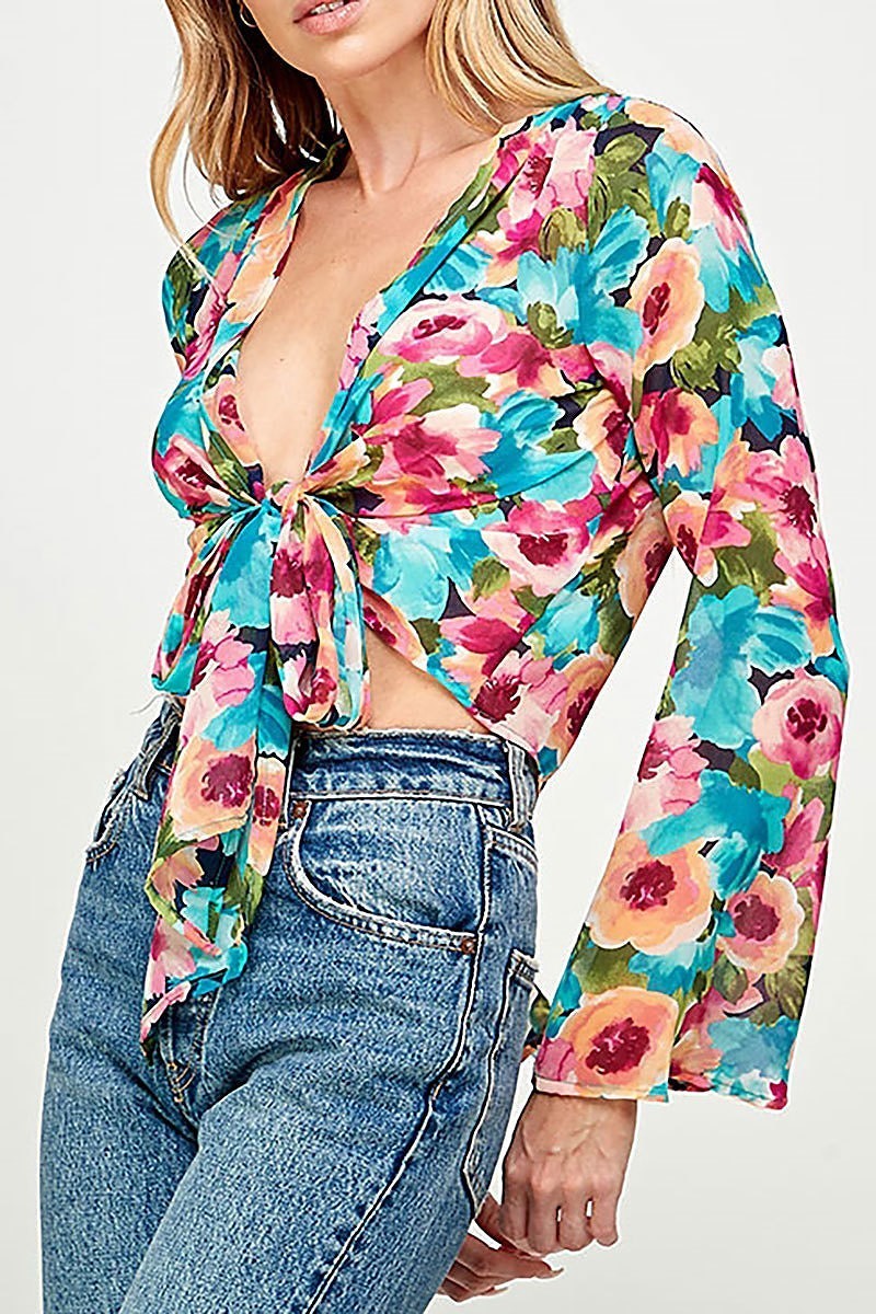 Front tie bell sleeve floral cardigan (EF5523)