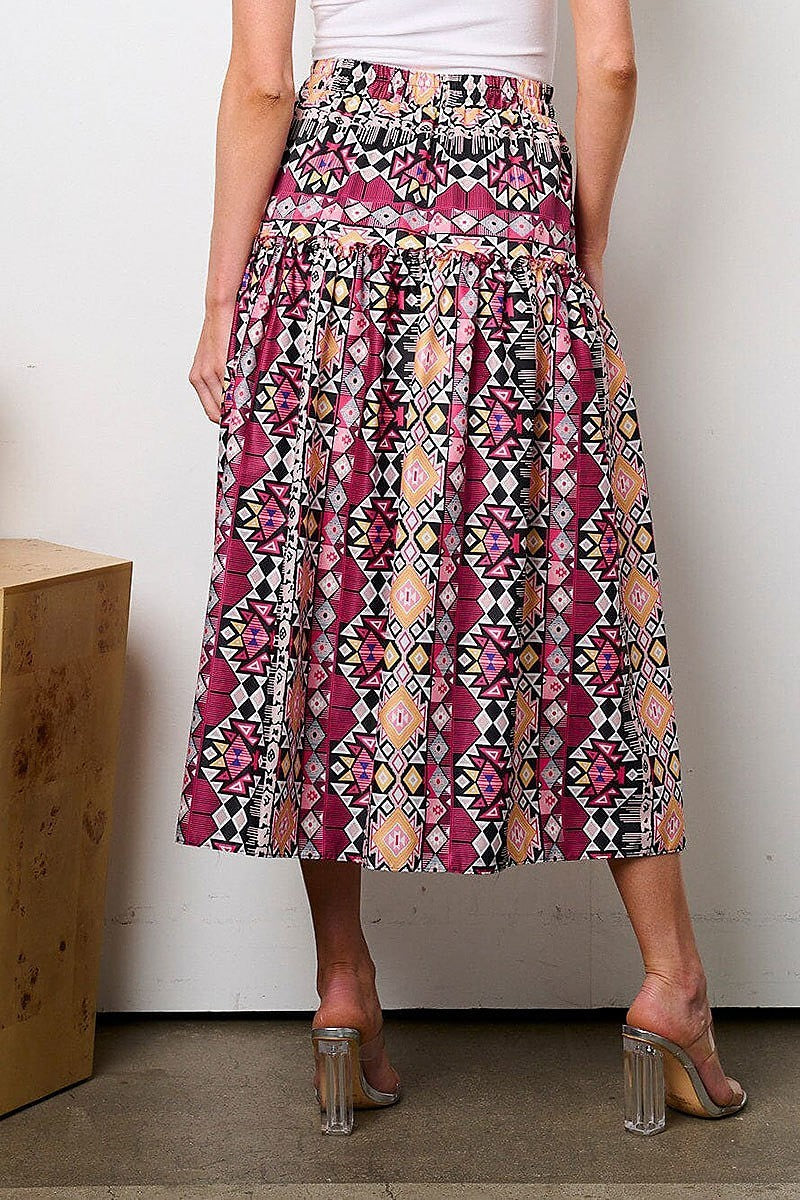 Elastic waist multi print midi skirt (EFWT8953)