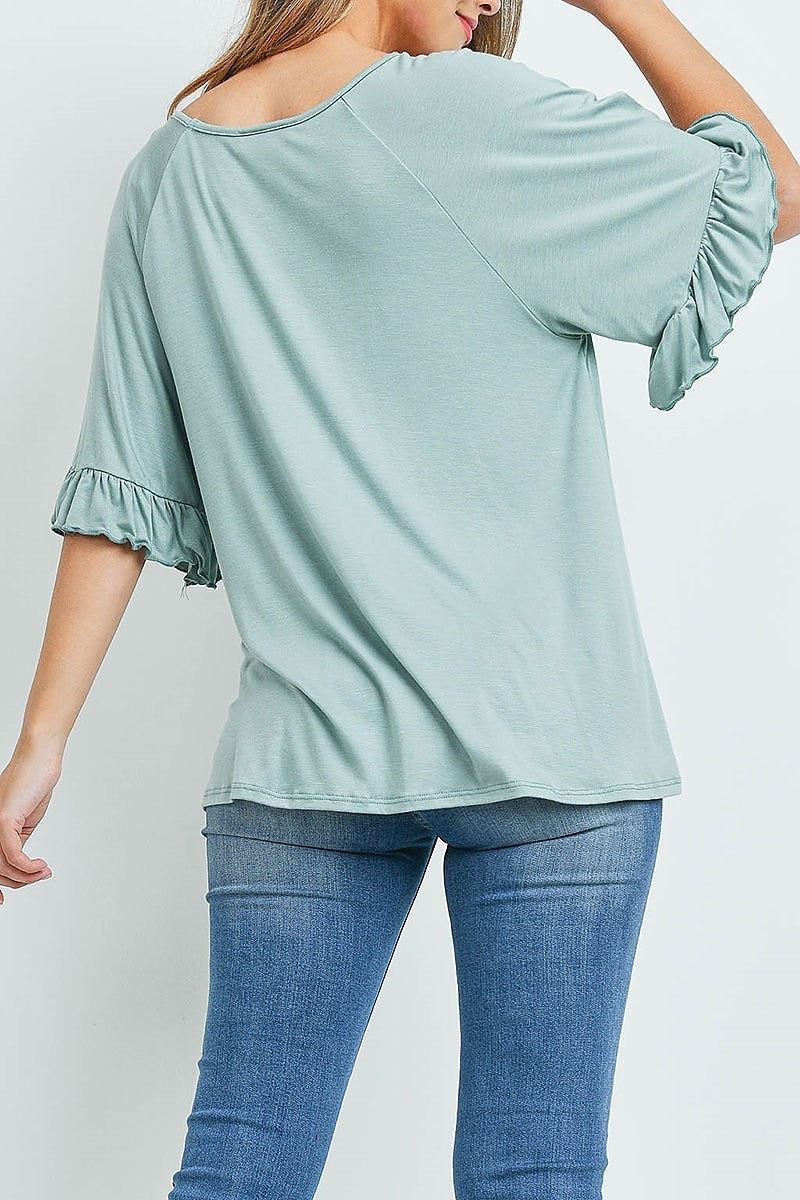 Ruffle detail bell sleeve v neck top (ED9619)