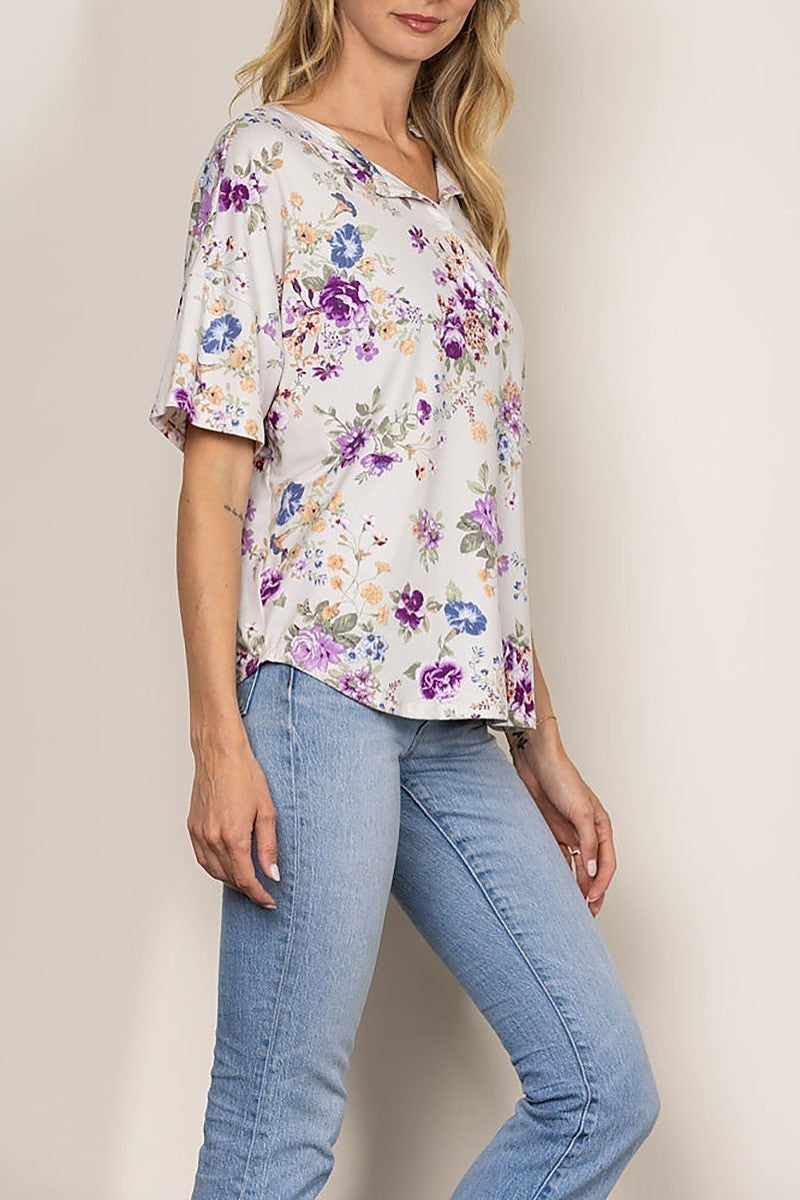 Wild floral print short sleeves knit top (EDSW4282)