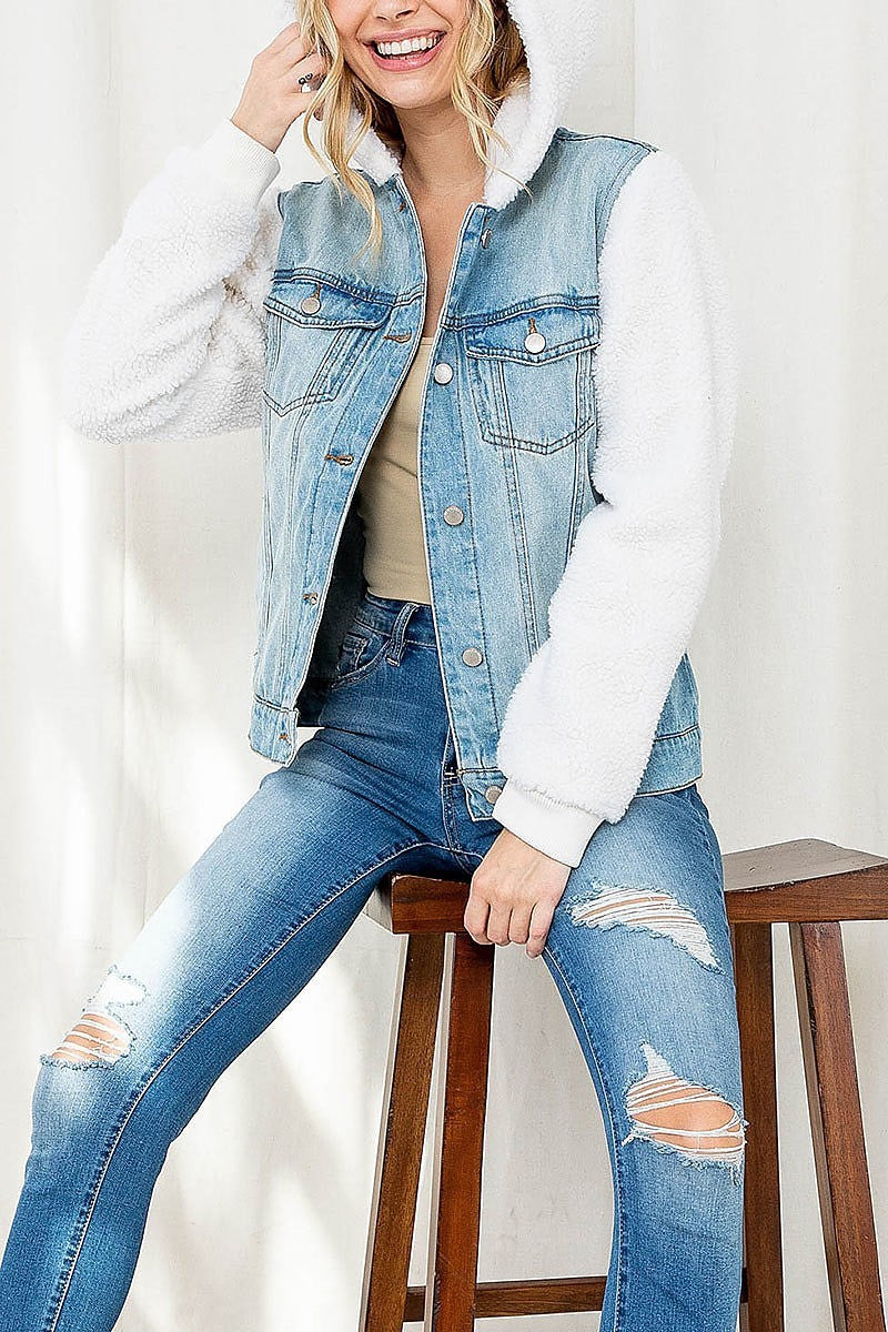 Faux fur contrast hoodie denim jacket (DGS5622)