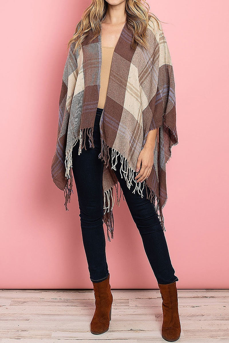 Fringe detail loose fit poncho sweater (DGS4919)