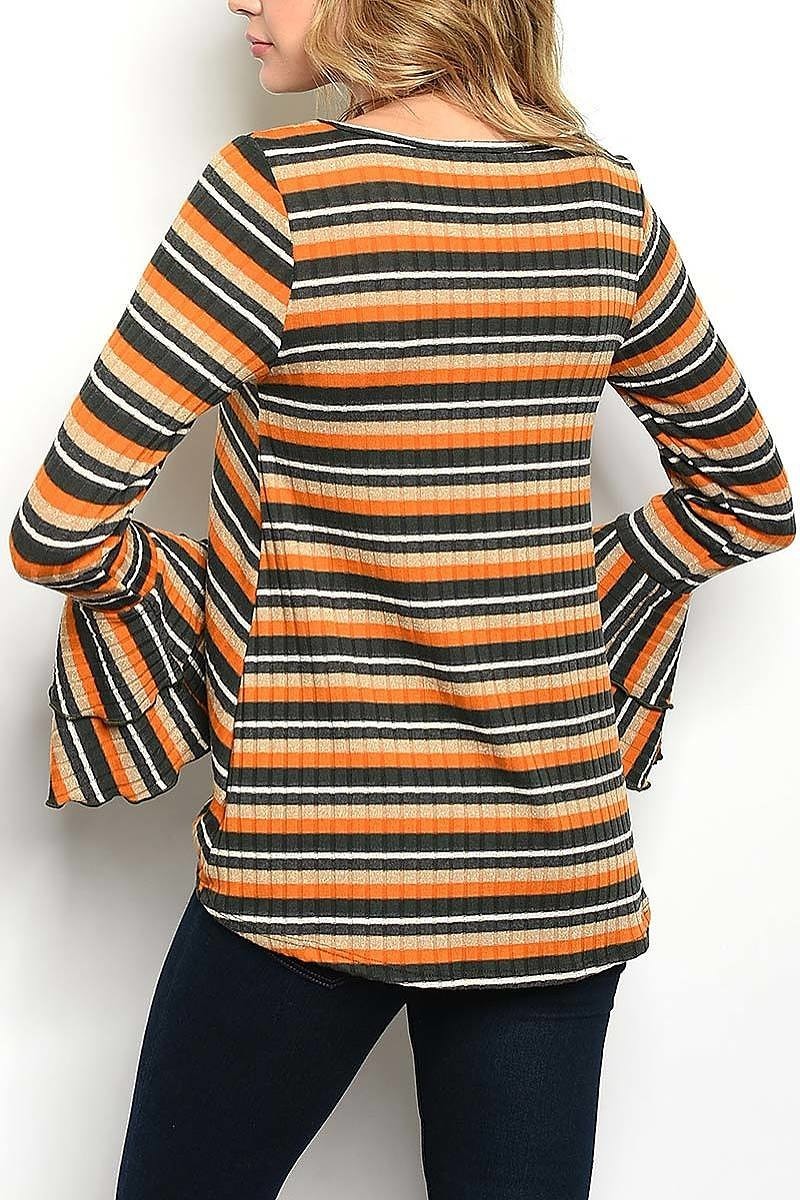 Twist front bell sleeve stripe top (ED4455-2020)