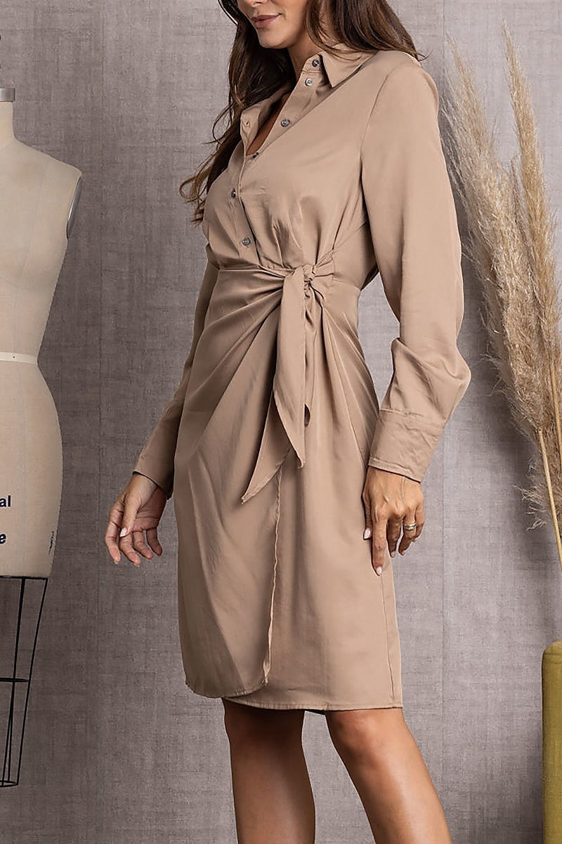 Long sleeve w/side front tie shirt midi dress (EDSW3492)