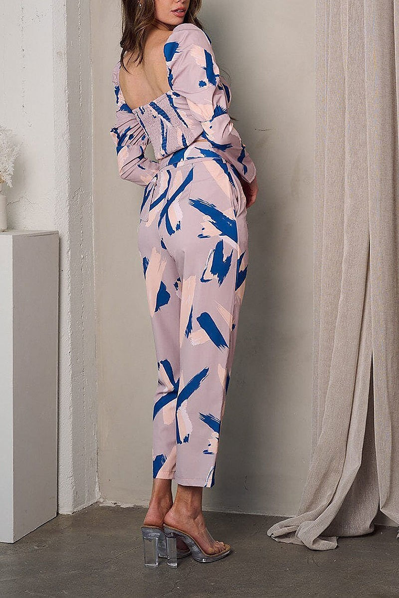 Long sleeve crop top & pants multi print set (EFWT2904)