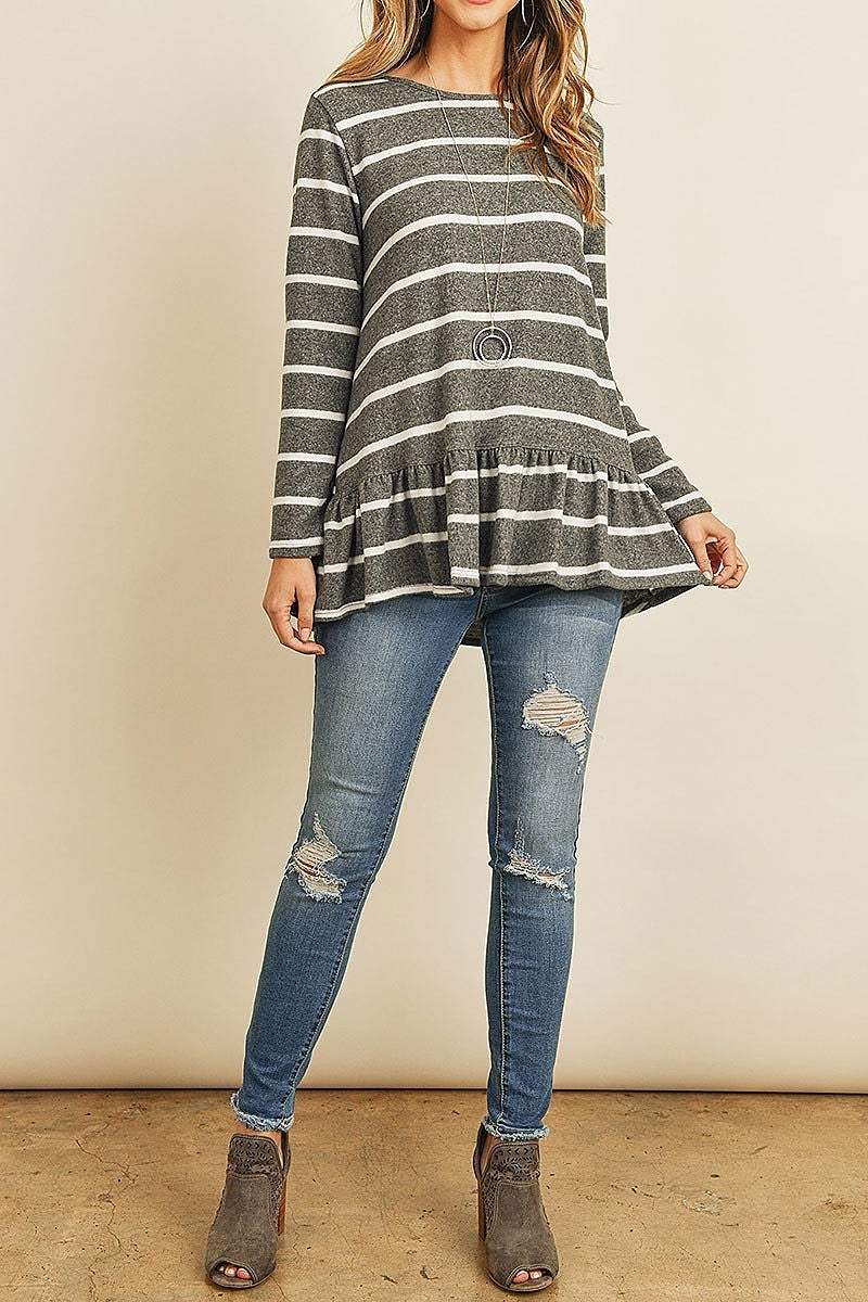 Stripe long sleeve ruffle detail hem tunic (ED8304-1)