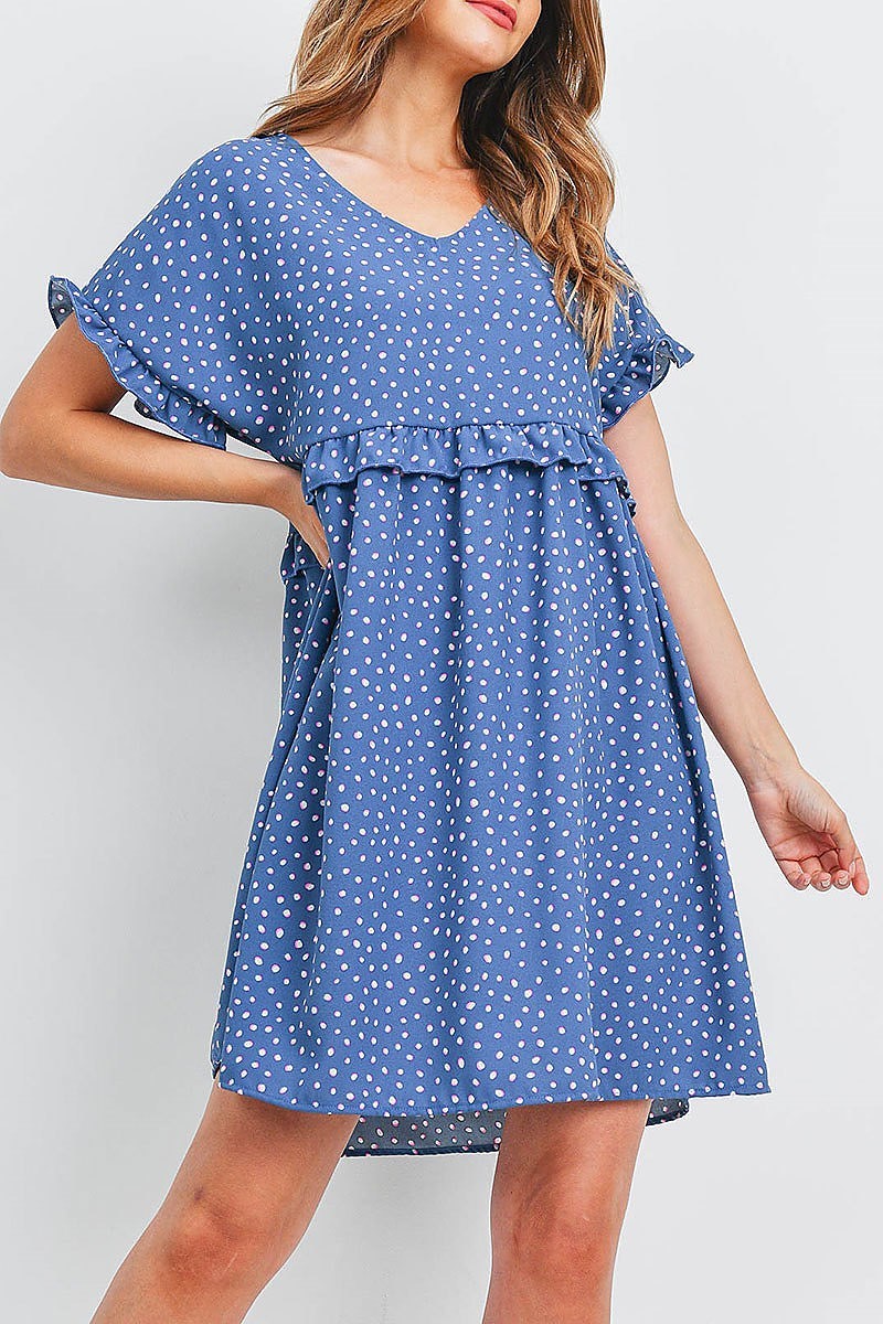 Ruffle detail baby doll dotted print dress (DED6505)