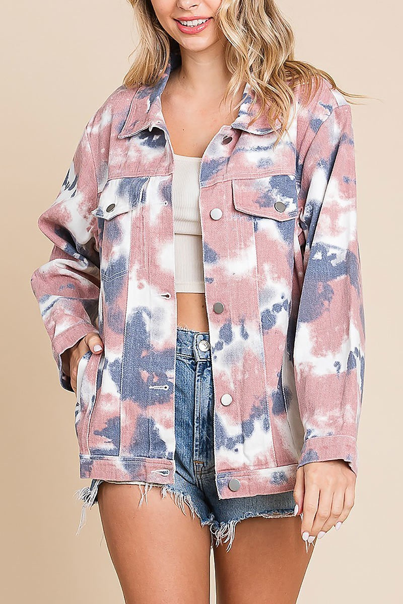 Tie dye print buttoned front collar denim jacket (EDH1878)