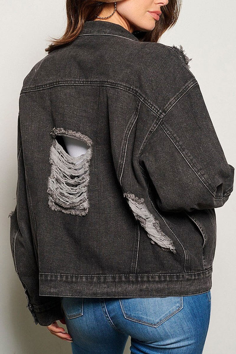 Button closure distressed pockets denim jacket (EGWT1355)